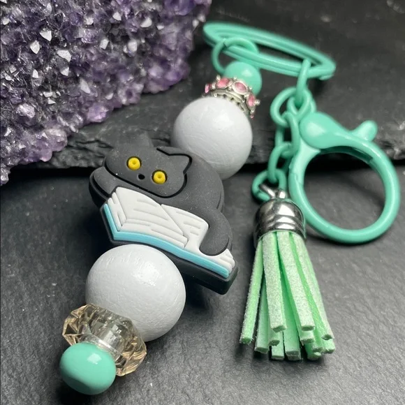 Artisan Mint and White Keychain with Cat Keychain Charm - Picture 3 of 5